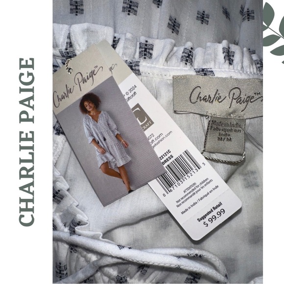 Charlie Paige Relaxed Fit Cotton Dress 3/4 Length Sleeve Tassel White Dark Blue - Picture 9 of 10